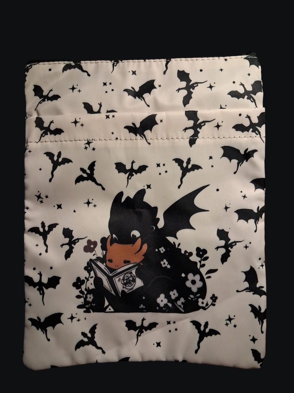 Cute Bat Dragon Book Pouch - Black & White